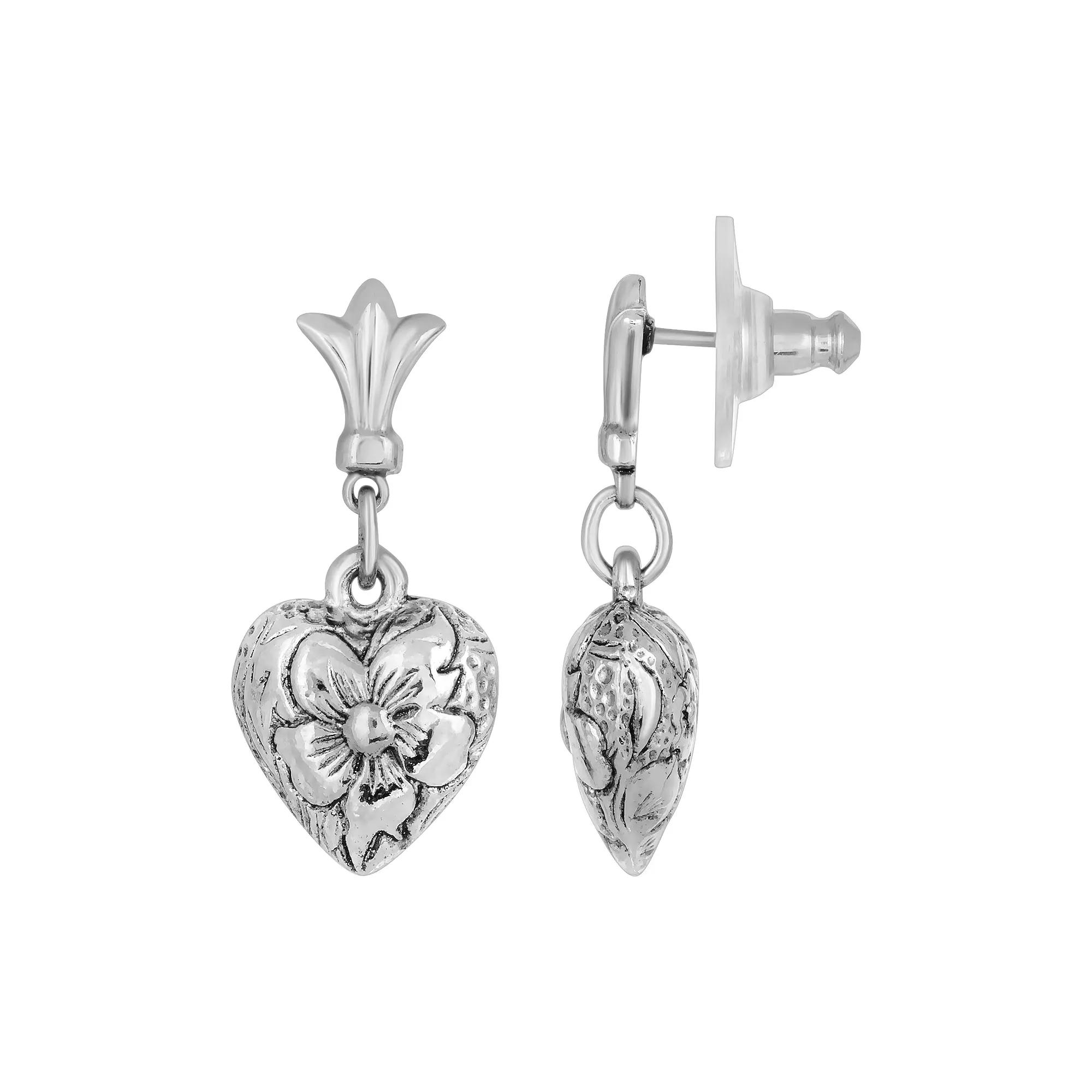 1928 Silver-Tone Textured Heart Drop Earrings, Womens, Silver Tone Product Image
