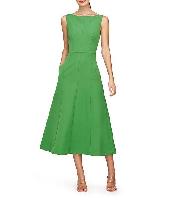 Kay Unger Amari Stretch Crepe Boat Neck Sleeveless V-Back Seam Detail Midi Dress Product Image