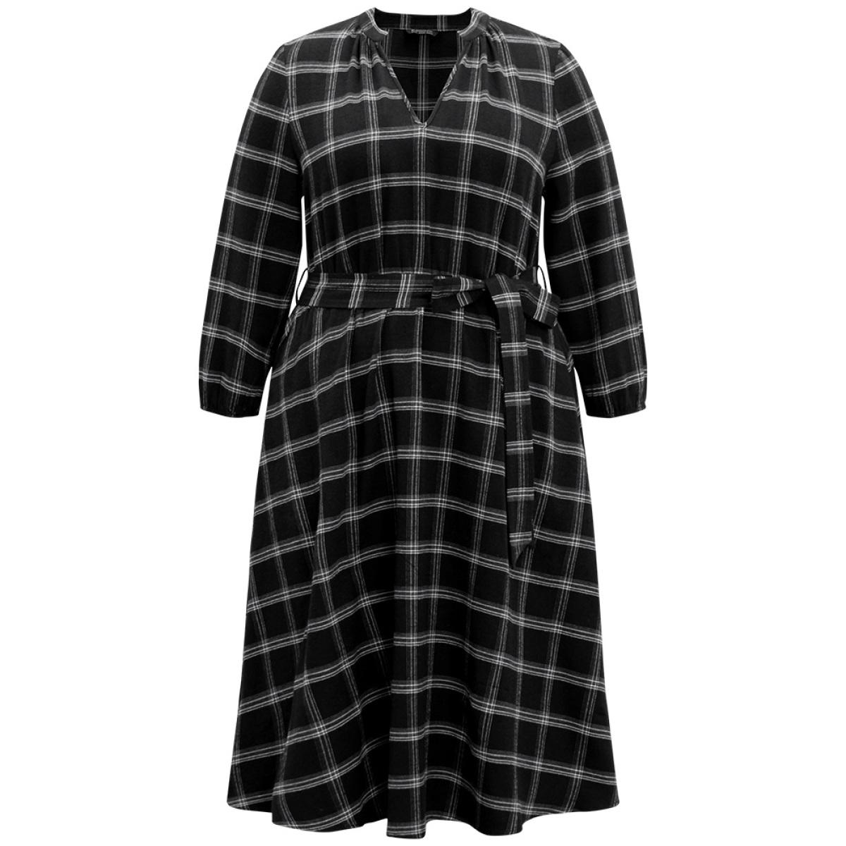 Plus Size Plaid Notched Elastic Waist Belted Dress Black Women Casual Elastic cuffs Notched collar Elbow-length sleeve Curvy Midi Dress BloomChic 14-16/1X Product Image