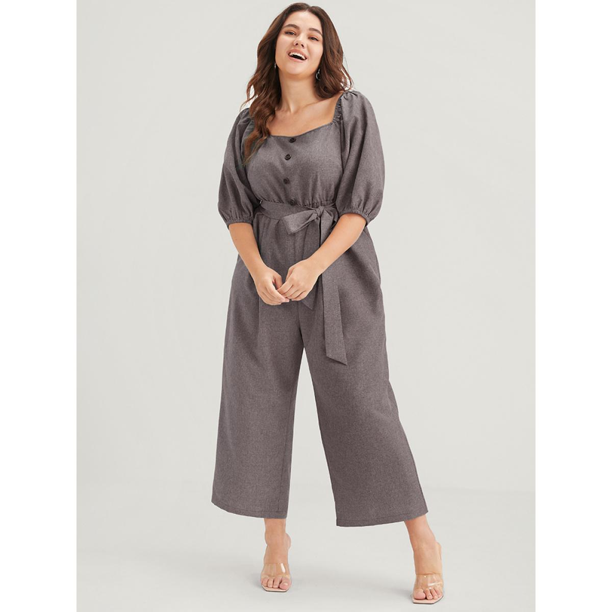 Plus Size Burgundy Plain Fake Button Pocket Puff Sleeve Square Neck Belted Jumpsuit Women Office Half Sleeve Square Neck Work Loose Jumpsuits BloomChic 22-24/3X Product Image