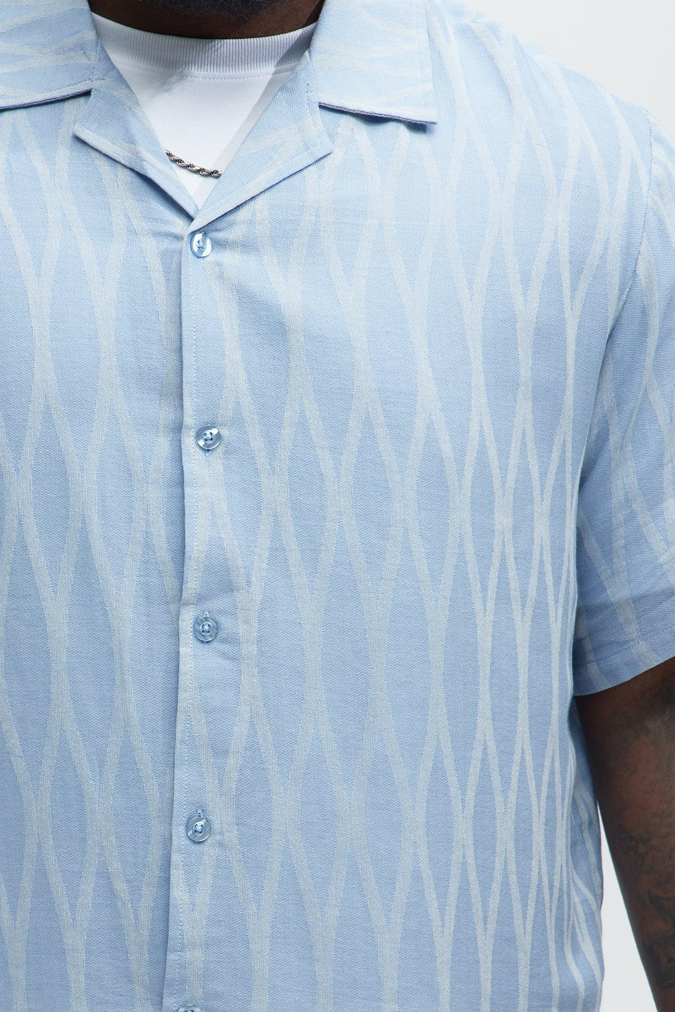 Waved Lines Cuban Collar Button Up Shirt - Blue/combo Product Image