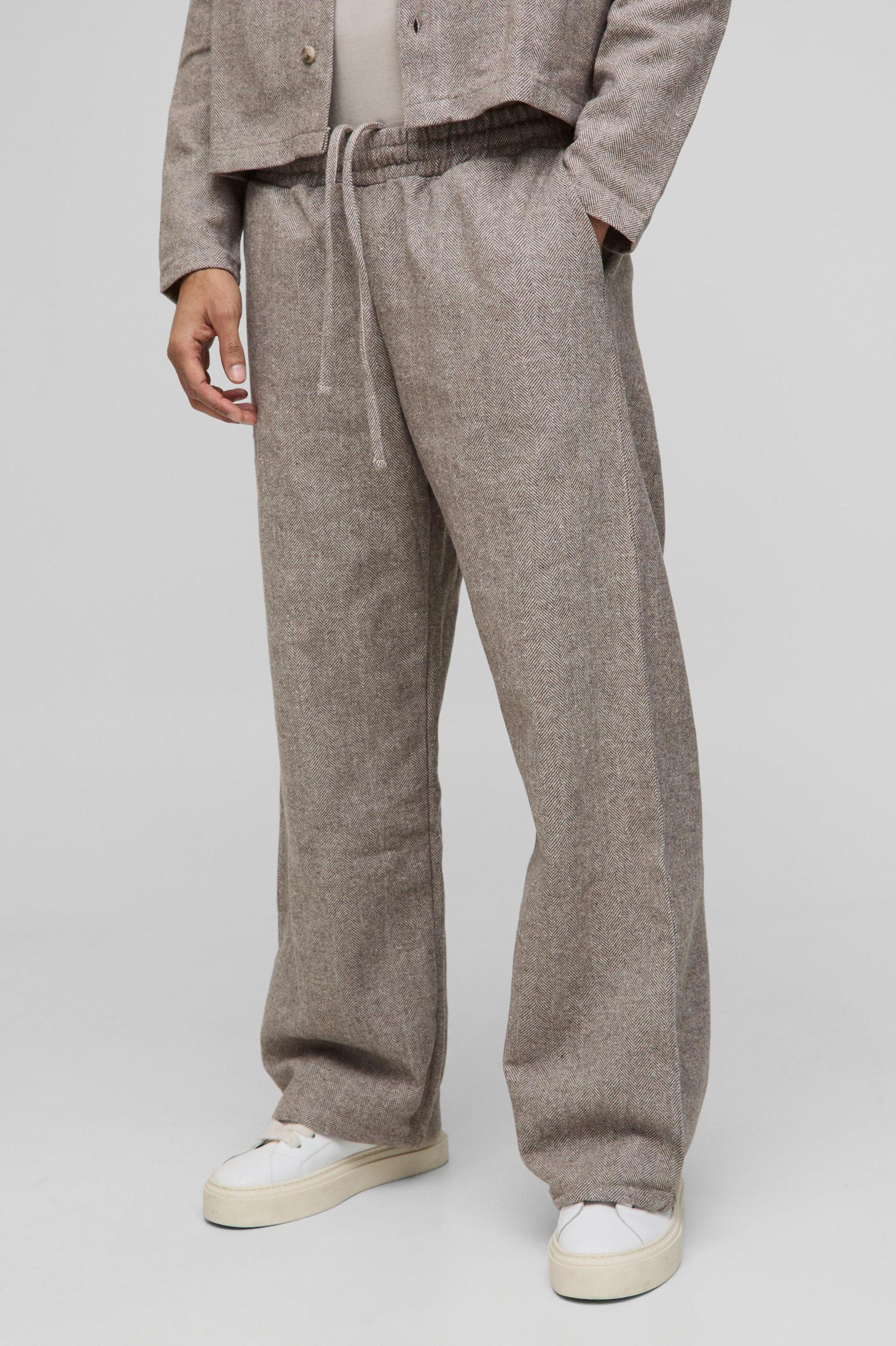 Herringbone Elasticated Waist Wide Leg Pants | boohooMAN USA Product Image