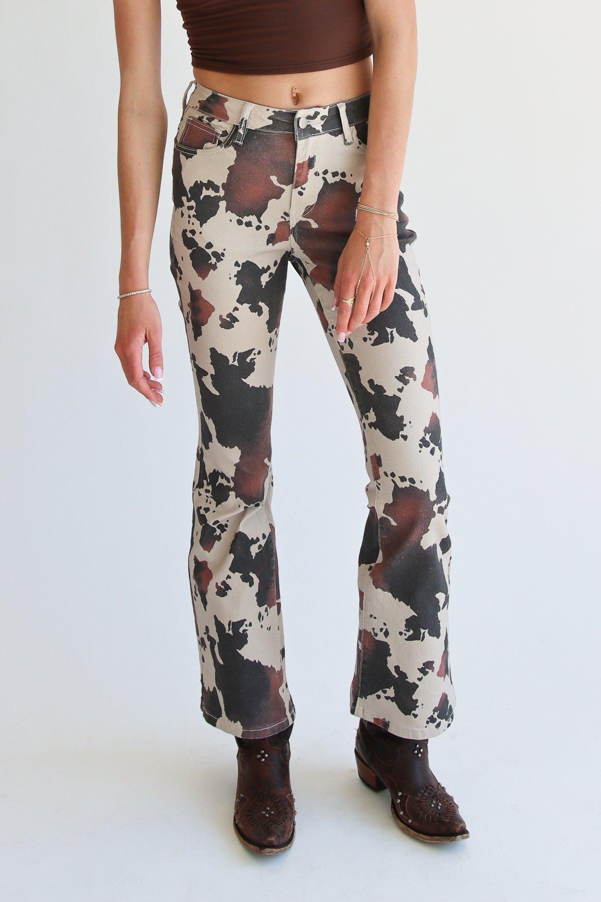 Brown Cow Print Flare Jeans Product Image