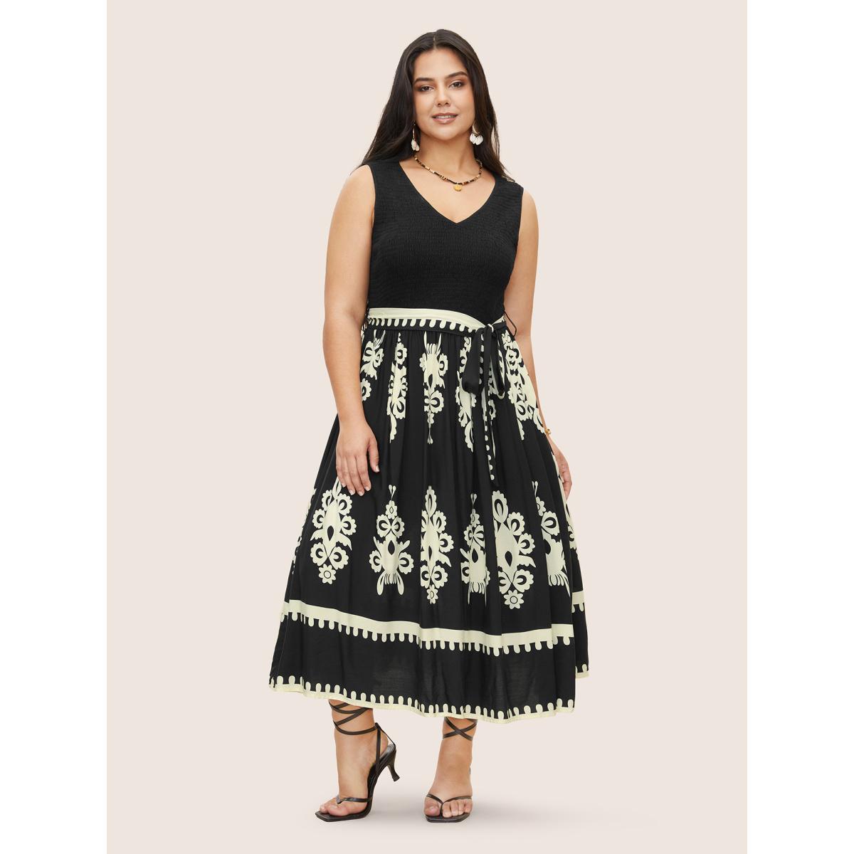 Plus Size Rayon Boho Print Shirred Belted Dress Black Women Resort Belted V-neck Sleeveless Curvy Midi Dress BloomChic 30/6X Product Image