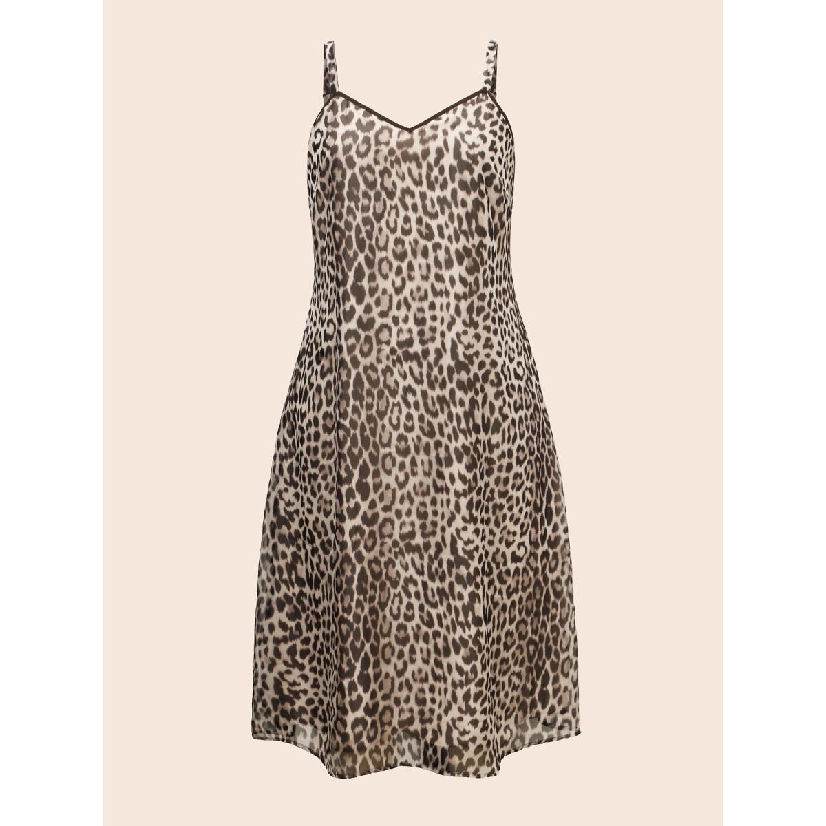 Plus Size Leopard Print Mesh Cami Dress LightBrown Women At the Office See through V-neck Sleeveless Curvy BloomChic 18-20/2X Product Image