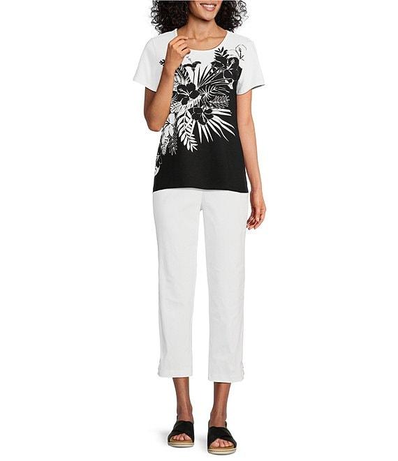 Allison Daley Embellished Tropical Palm Print Short Sleeve Crew Neck Knit Top Product Image
