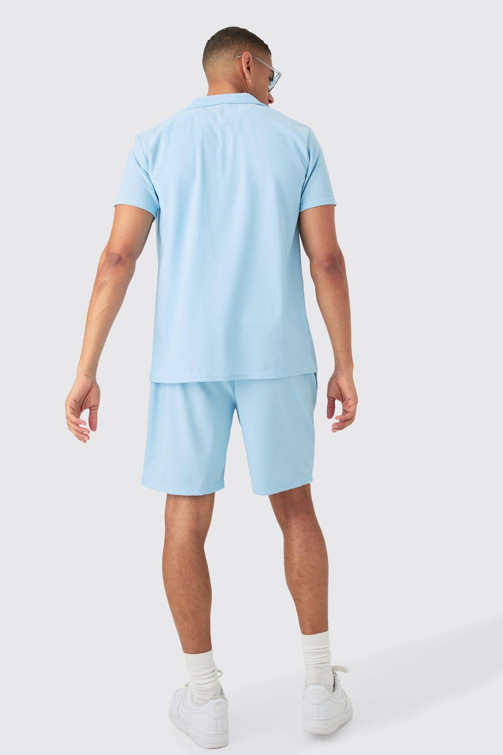 Regular Fit Short Sleeve Ribbed Shirt & Short Set | boohooMAN USA Product Image