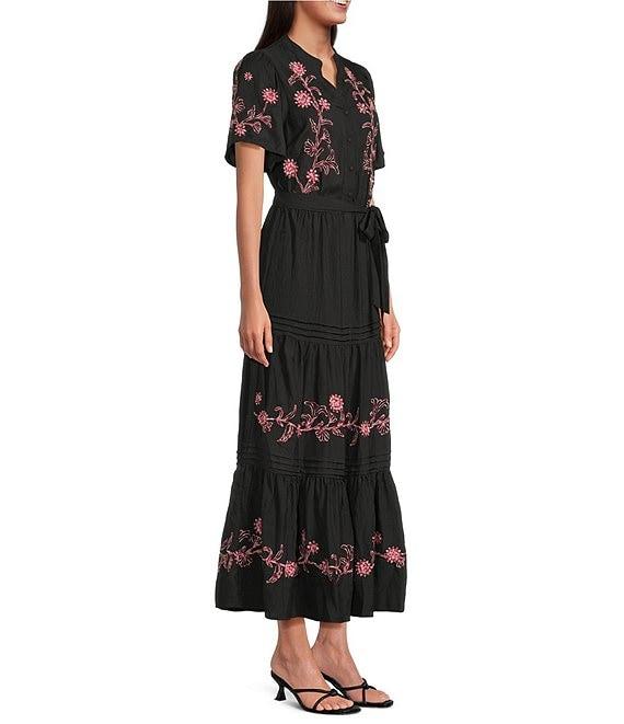 Calessa V-Neck Short Balloon Sleeve Comfort Tiered Floral Embroidered Maxi Dress Product Image