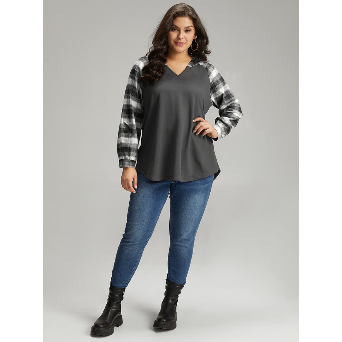 Plus Size Plaid Print Hooded Patchwork Sweatshirt Women Gray Leisure Patchwork Hooded Casual Sweatshirts BloomChic 14-16/1X Product Image