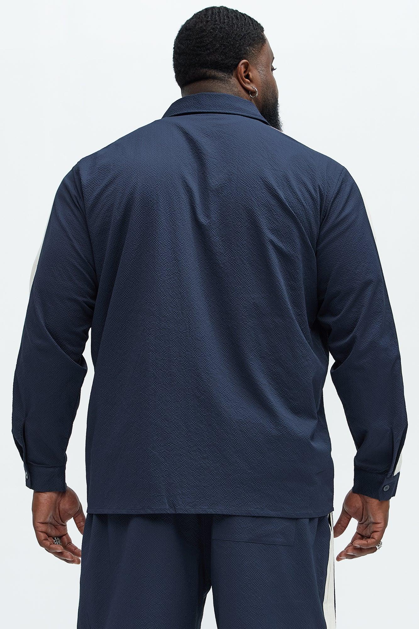 Crinkle Texture Taped Button Up - Navy Product Image