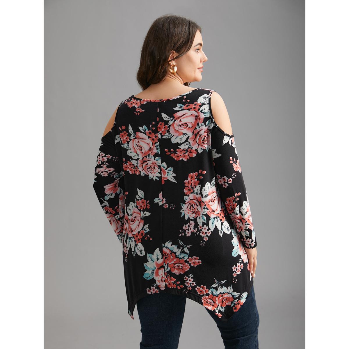Plus Size Floral Print Shoulder Cut-Out T-shirt Black Women Elegant Contrast Natural Flowers Round Neck Loose Everyday T-shirts BloomChic 18-20/2X Product Image
