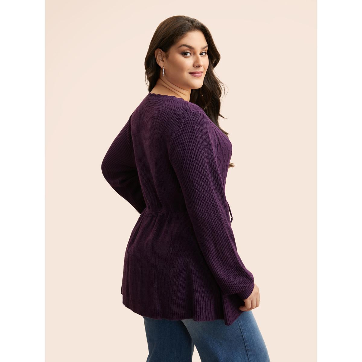 Plus Size V Neck Cable Knit Drawstring Pullover Eggplant Women Timeless Long Sleeve V-neck Elegant Pullovers BloomChic 12/L Product Image