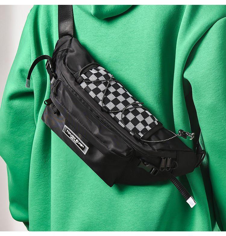 Set: Checkered Panel Drawstring Sling Bag + Bag Charm Product Image