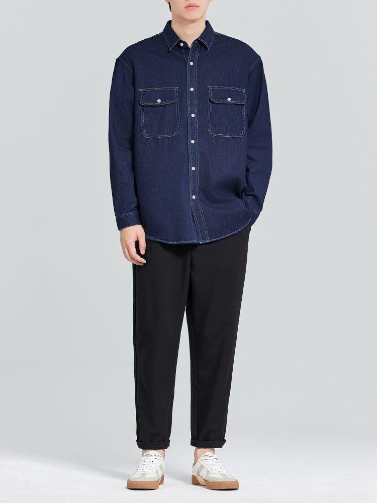Long Sleeve Collared Denim Cargo Shirt Product Image