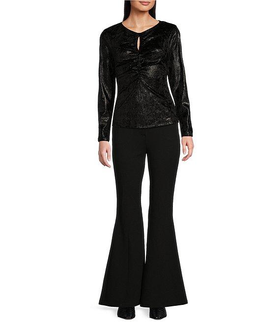 Michael Kors Foil-Printed Velvet Gold Chain Keyhole Crew Neck Long Sleeve Ruched Top Product Image