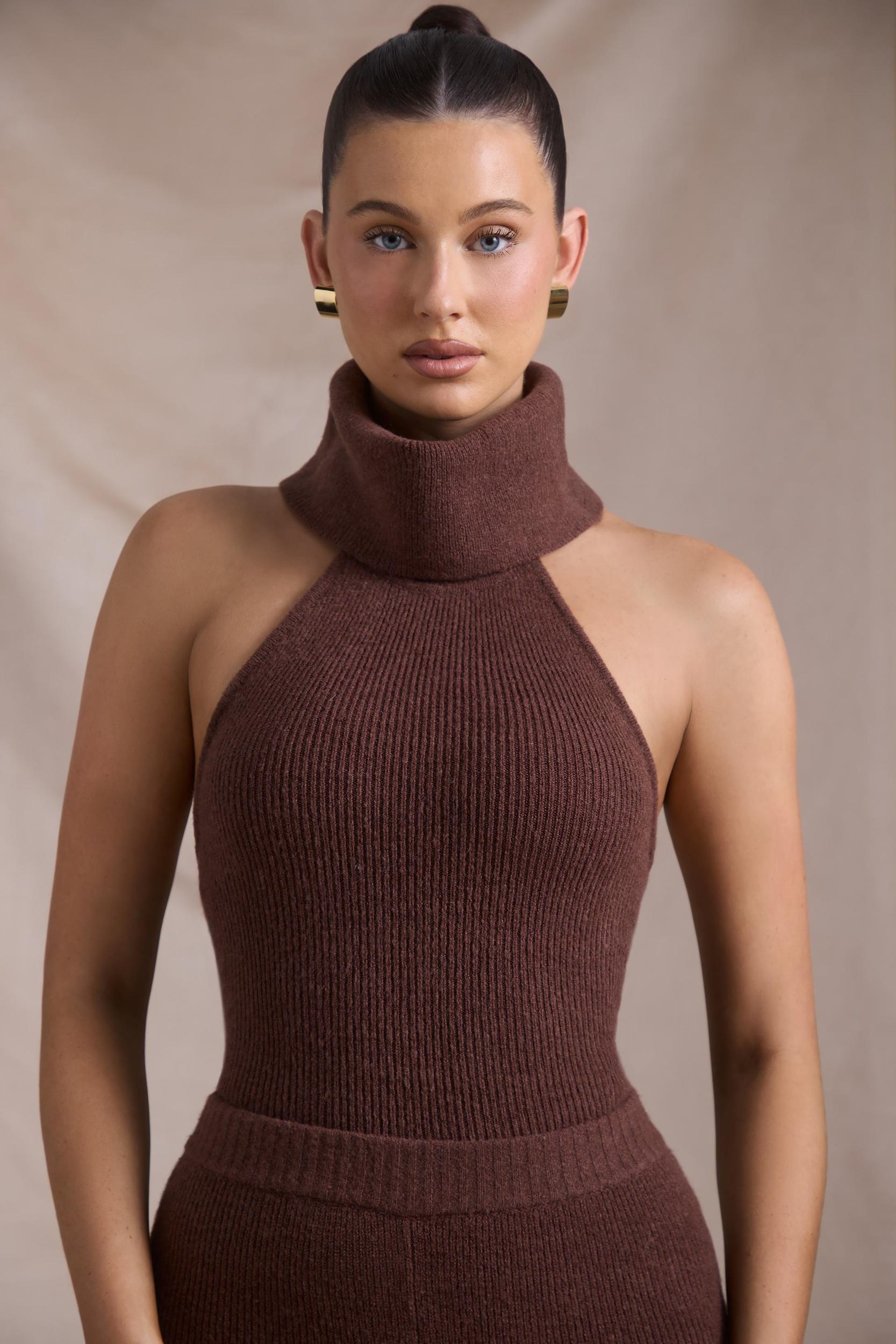 Ribbed-Knit Turtleneck Backless Top in Espresso Product Image