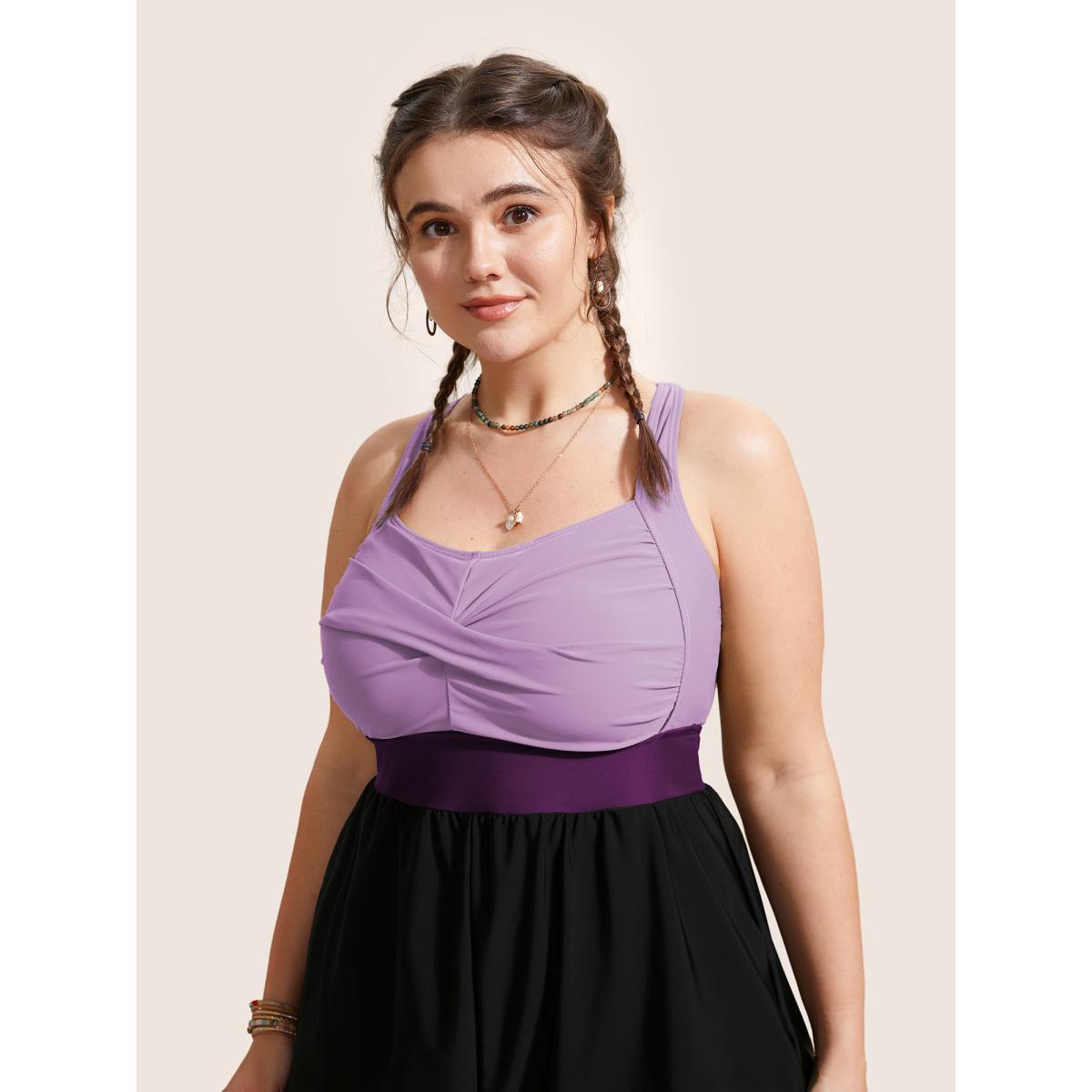 Plus Size Patchwork Contrast Crossover One Piece Swimsuit Women's Swimwear Lilac Resort Twist Curve Bathing Suits High stretch One Pieces BloomChic 26/4X Product Image