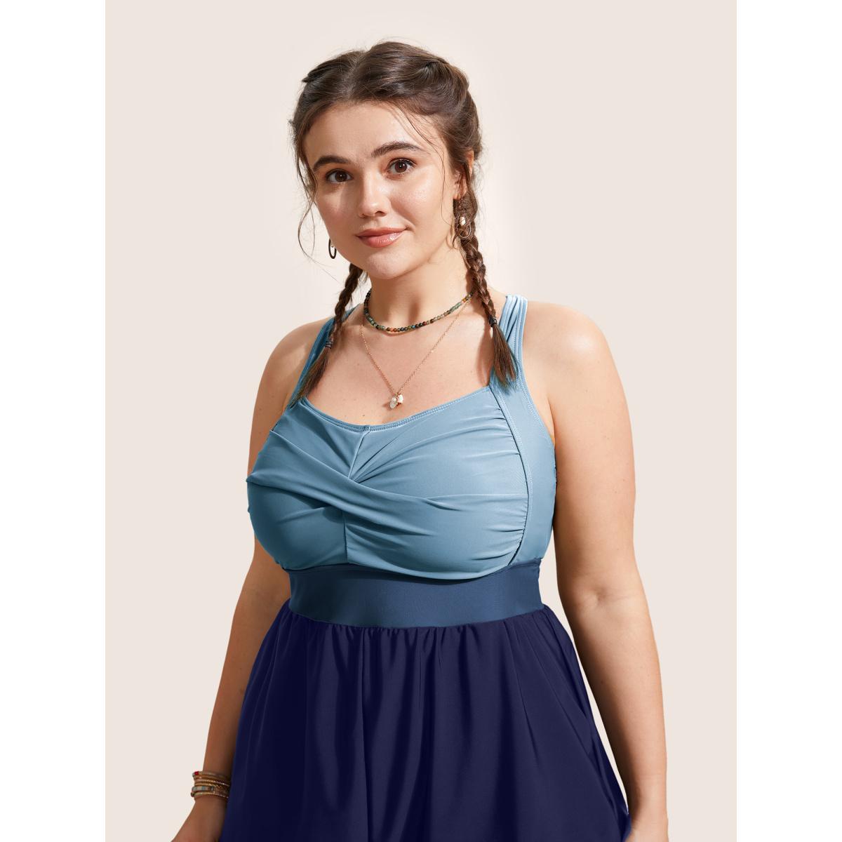 Plus Size Patchwork Contrast Crossover One Piece Swimsuit Women's Swimwear Stone Beach Twist Curve Bathing Suits High stretch One Pieces BloomChic 12/L Product Image