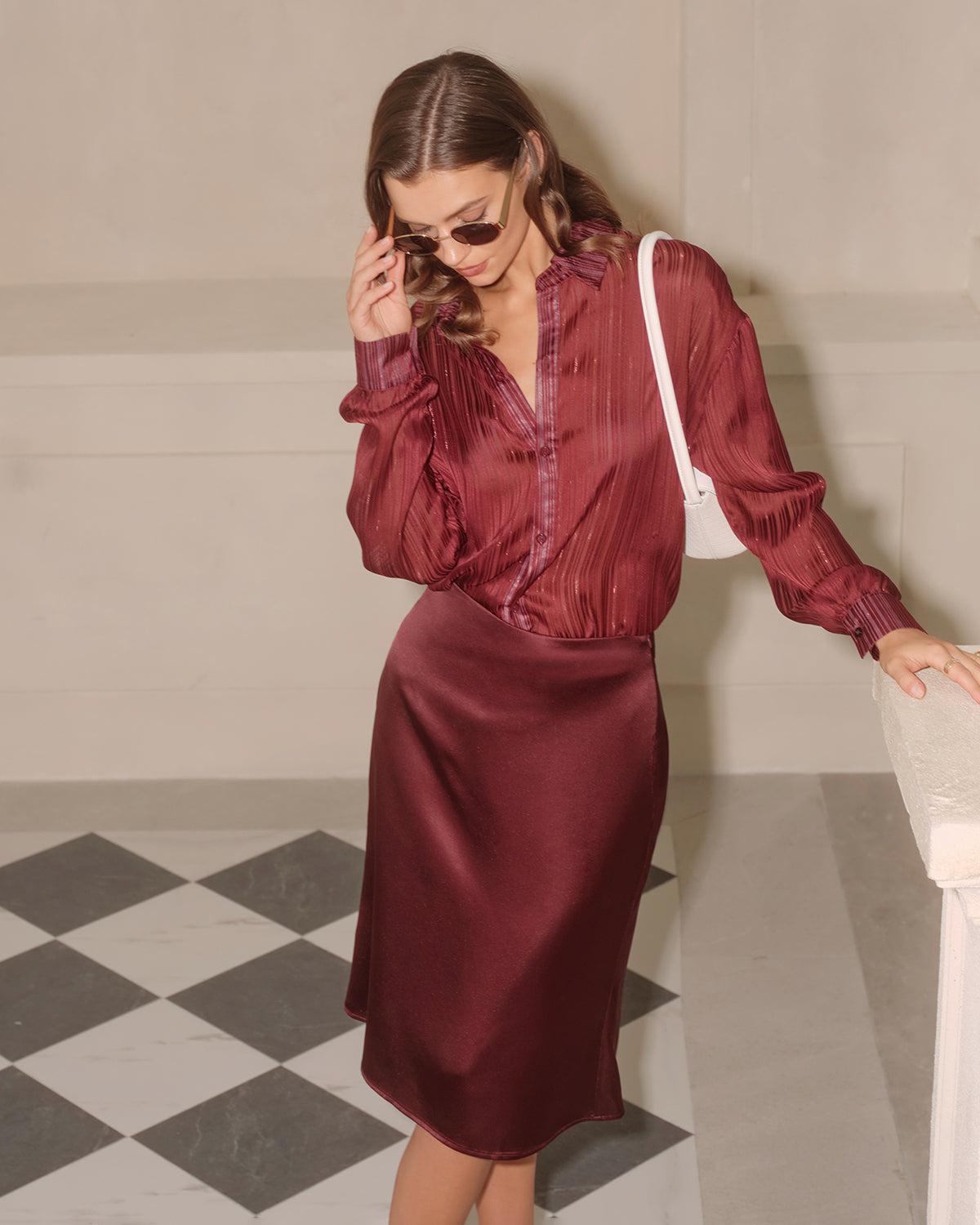 Wine Red Natural Waisted Mermaid Midi Skirt Product Image