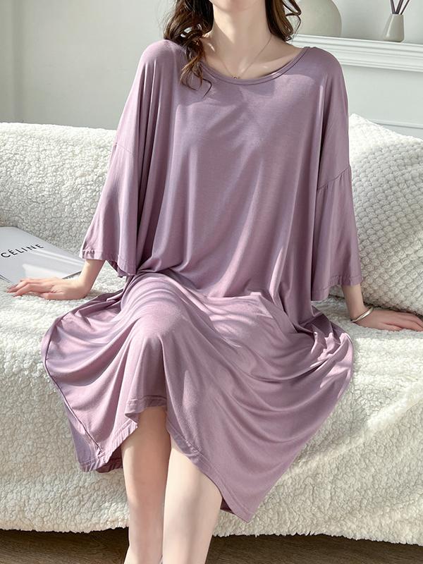 High Waisted Loose Solid Color Split-Joint Round-Neck Pajama Dress Product Image