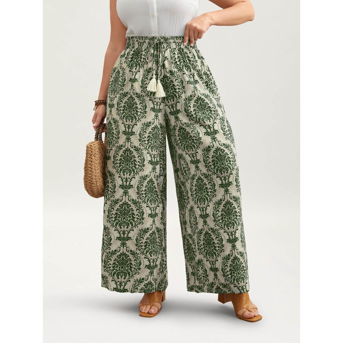 Plus Size Damask Print Tassel Straight-Leg Pants Women Midnight Boho Wide Leg Mid Rise Vacation Pants BloomChic 30/6X Product Image