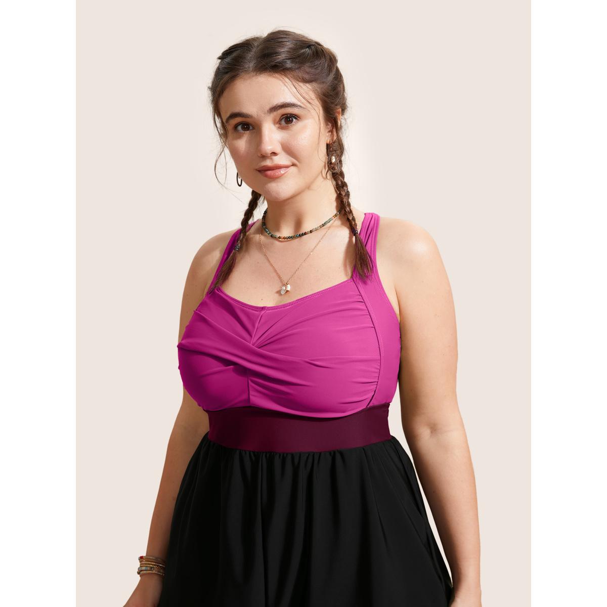 Plus Size Patchwork Contrast Crossover One Piece Swimsuit Women's Swimwear Rosered Resort Twist Curve Bathing Suits High stretch One Pieces BloomChic 14-16/1X Product Image