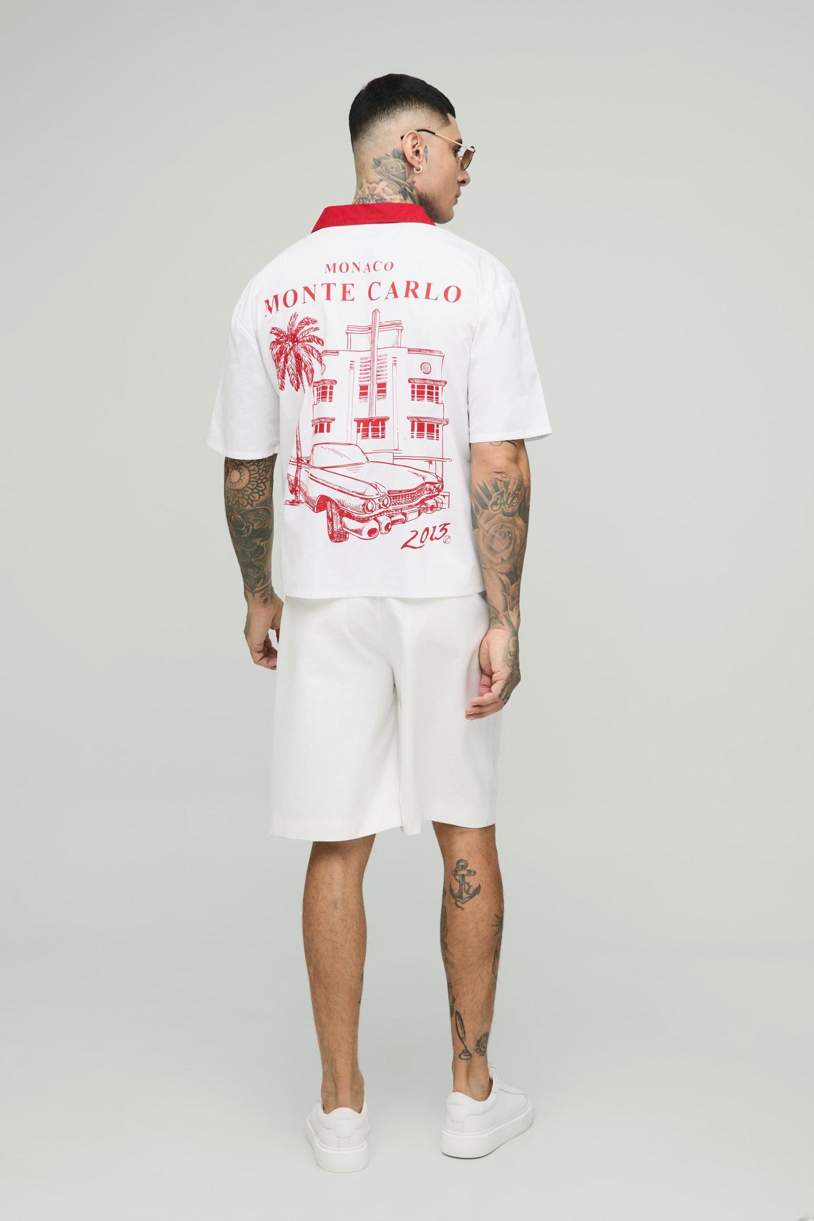 Tall Oversized Boxy Embroidered Monte Carlo Print Shirt | boohooMAN USA Product Image