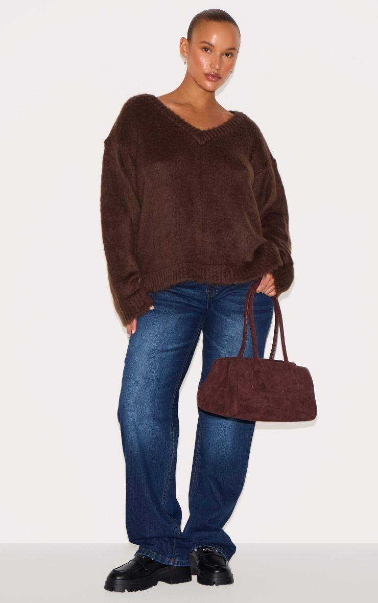 Plus Chocolate Slouchy V Neck Eyelash Knit Sweater Product Image