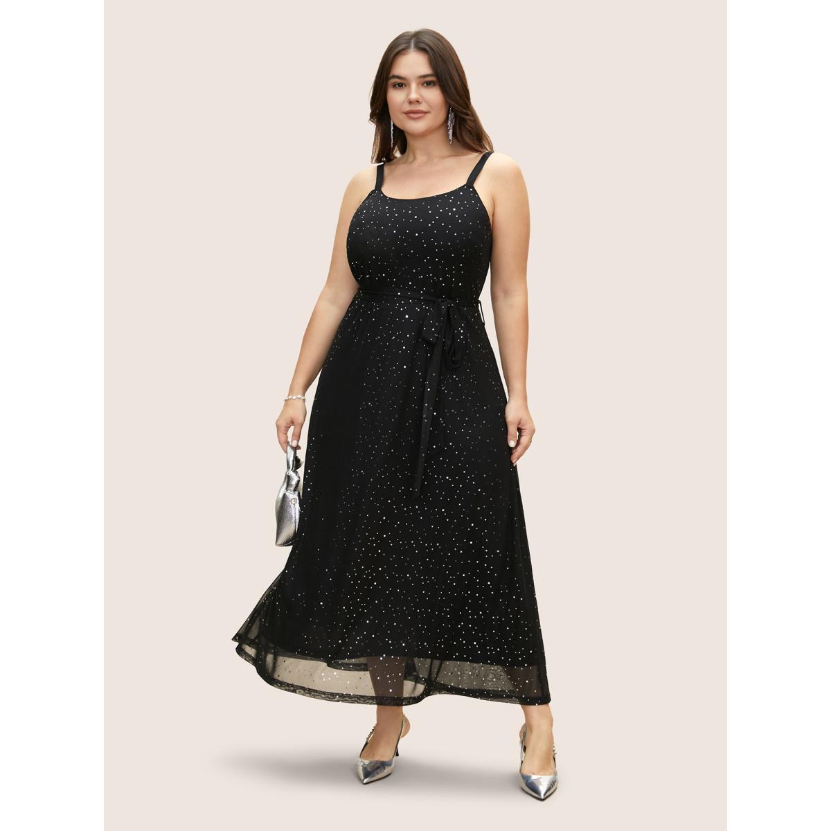 Plus Size Sequin Mesh Adjustable Straps Belted Maxi Dress Black Women Cocktail Non Sleeveless Curvy BloomChic 14-16/1X Product Image