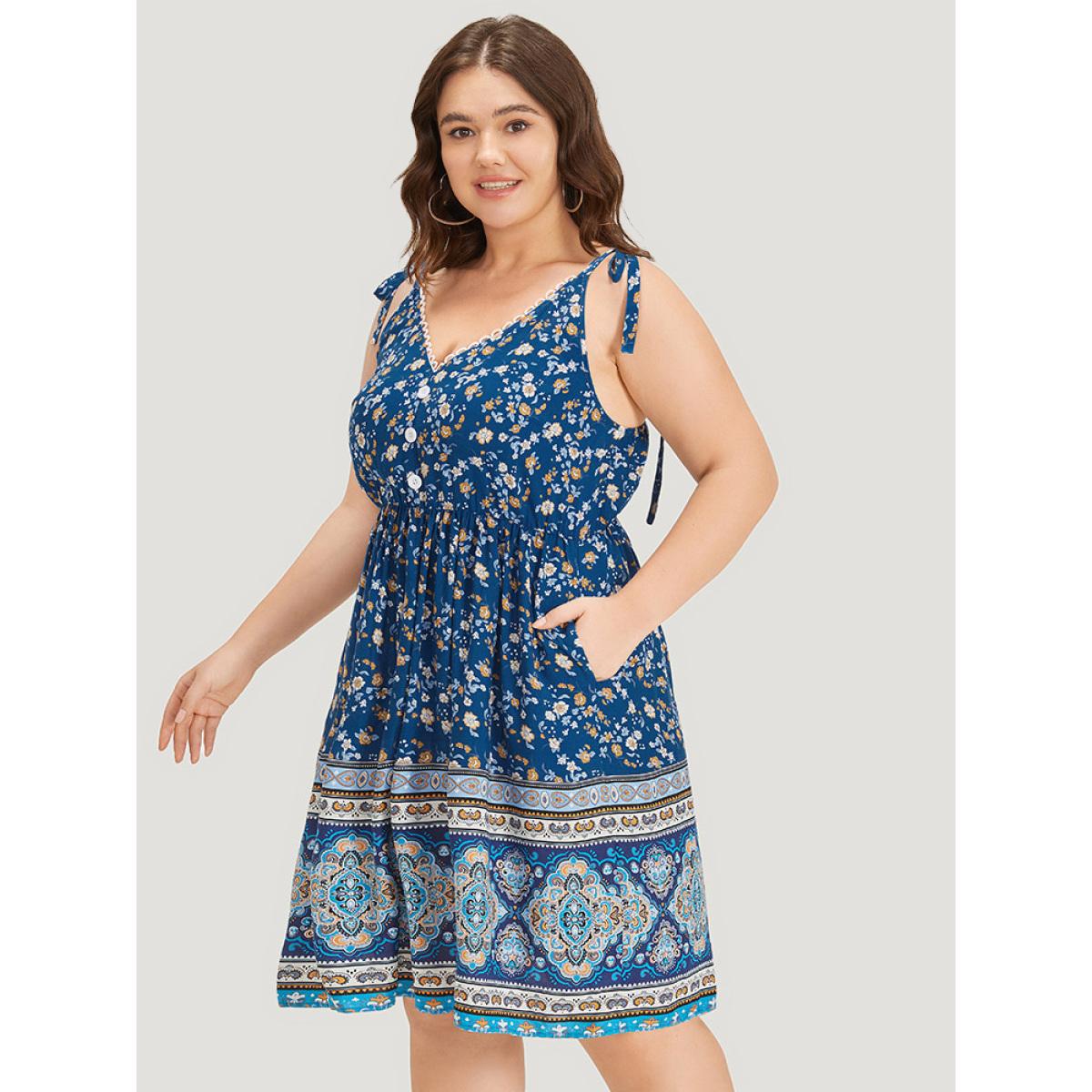 Plus Size Boho Print Knot Lace Trim Pocket Cami Dress Navy Women Elegant Cross straps V-neck Sleeveless Curvy Knee Dress BloomChic 26/4X Product Image