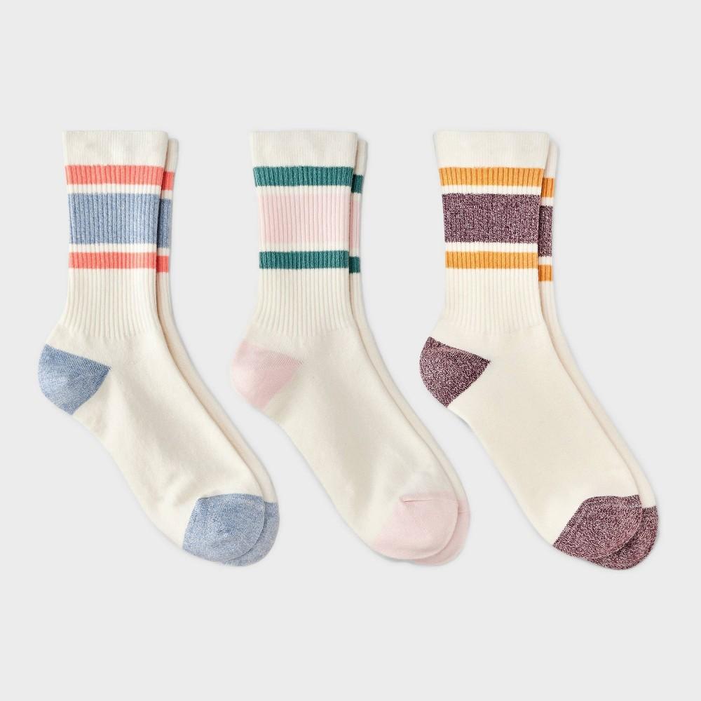 Women's Retro Striped Ribbed 3pk Crew Socks - Universal Thread™ Ivory/Blue/Green 4-10: Tagless Product Image