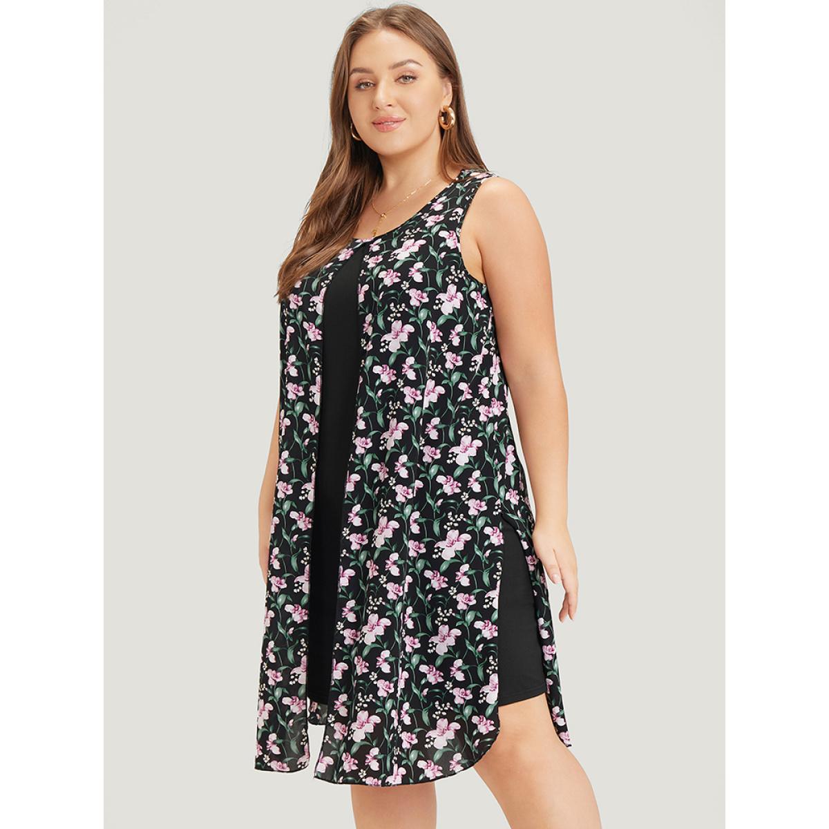Plus Size Floral Patchwork Round Neck Split Hem Tank Dress BlackFlower Women Elegant Patchwork Round Neck Sleeveless Curvy Knee Dress BloomChic 14-16/1X Product Image