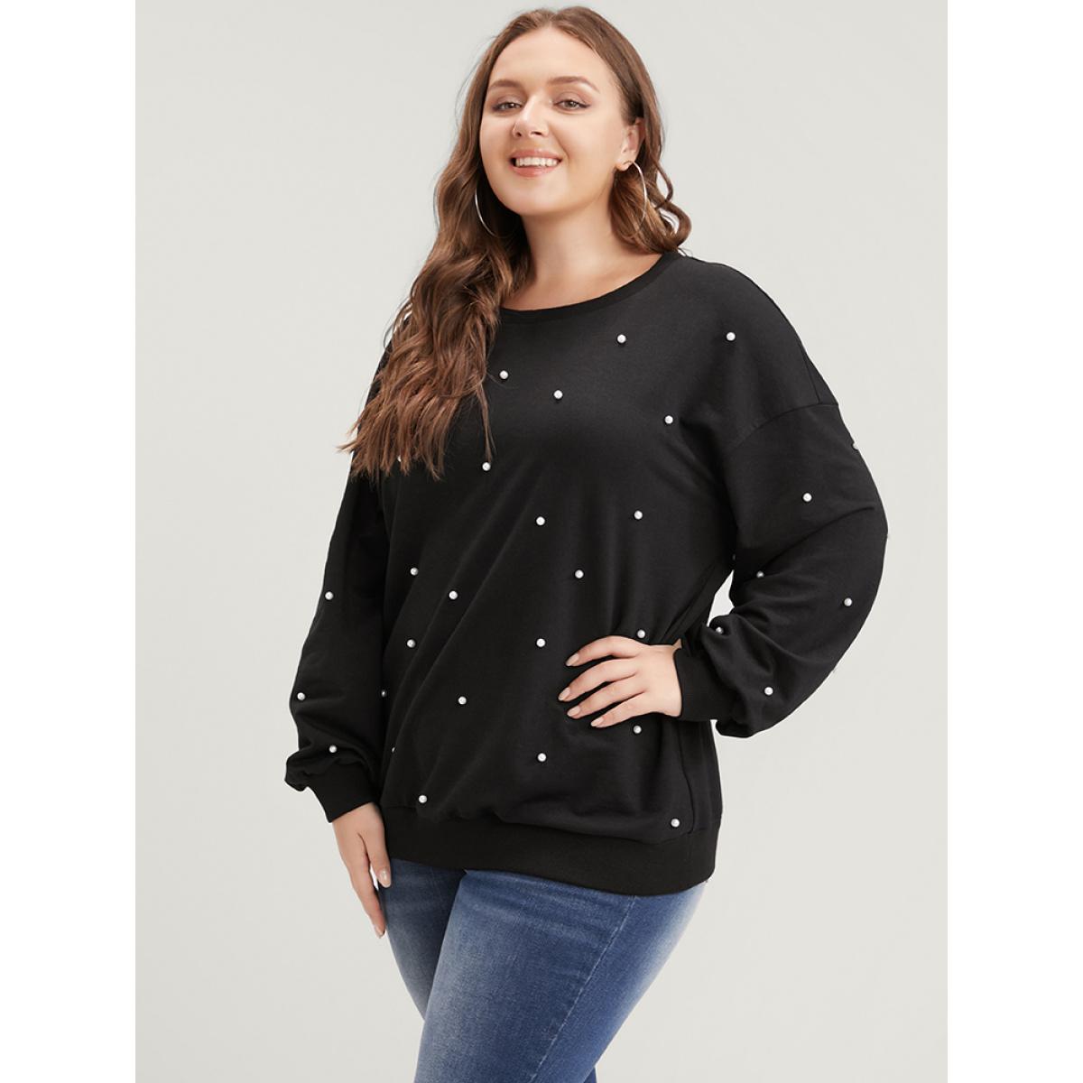 Plus Size Solid Pearl Beaded Drop Shoulder Sweatshirt Women Black Party Beaded Round Neck Going out Sweatshirts BloomChic 10/M Product Image