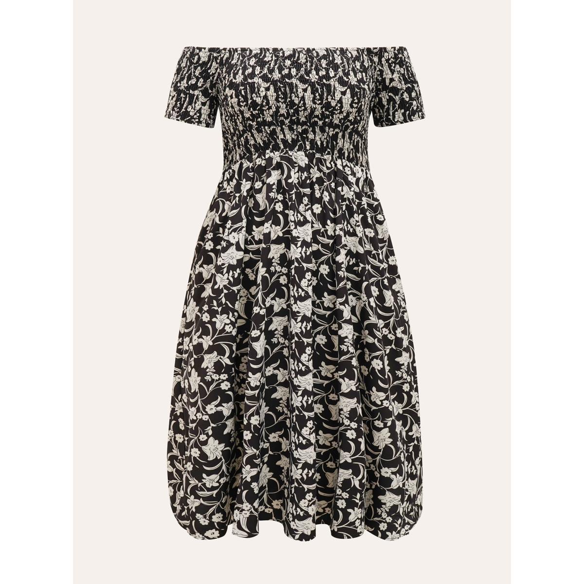 Plus Size One Shoulder Neck Floral Shirred Slit Hem Dress BlackFlower Women Elegant Slit One-shoulder neck Short sleeve Curvy Midi Dress BloomChic 12/L Product Image