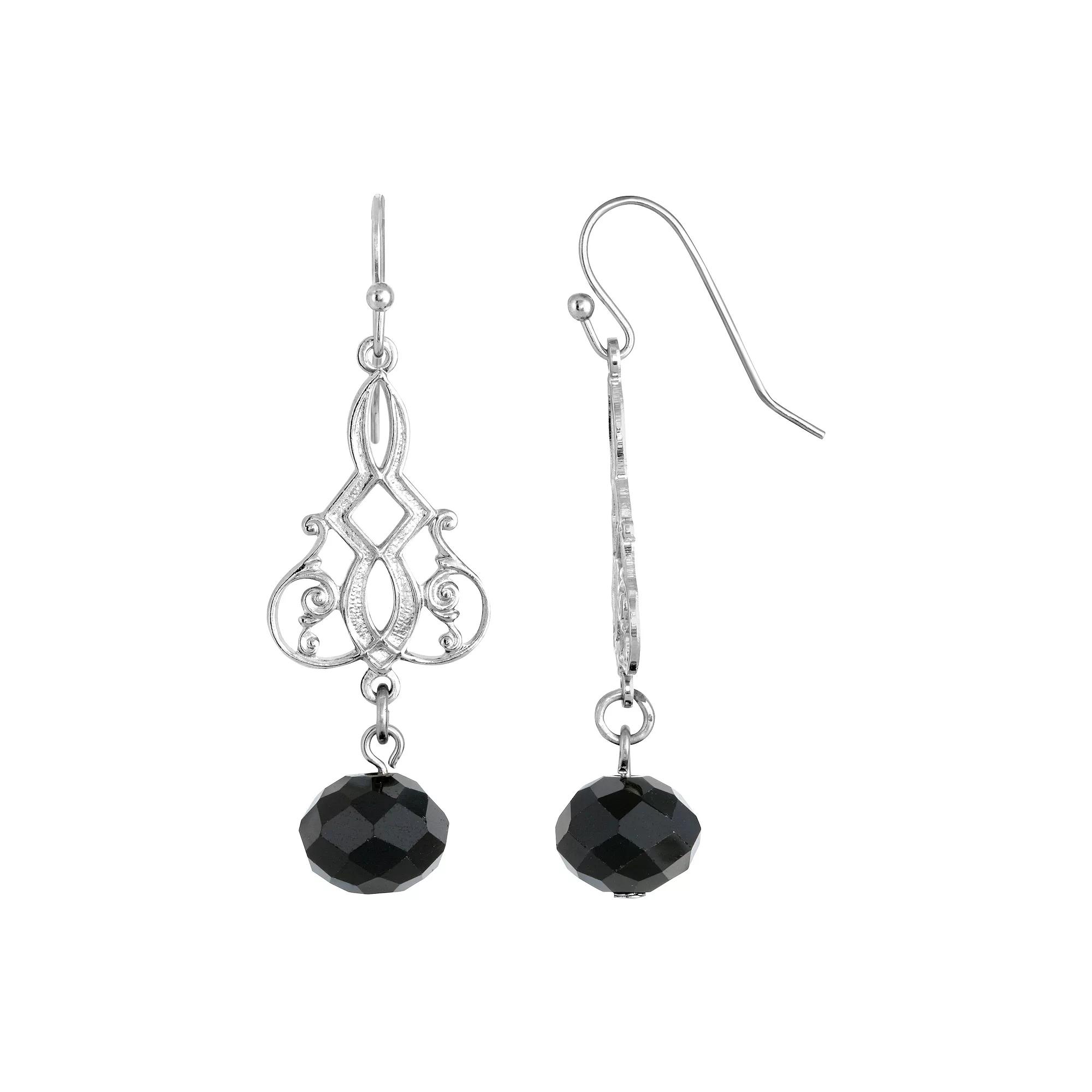 1928 Silver Tone Black Simulated Crystal Filigree Drop Earrings, Women's Product Image