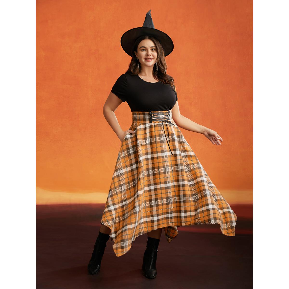 Plus Size Elastic Plaid Asymmetrical Hem Dress Brightorange Women Cocktail Wraparound straps Party Curvy Bloomchic 26/4X Product Image