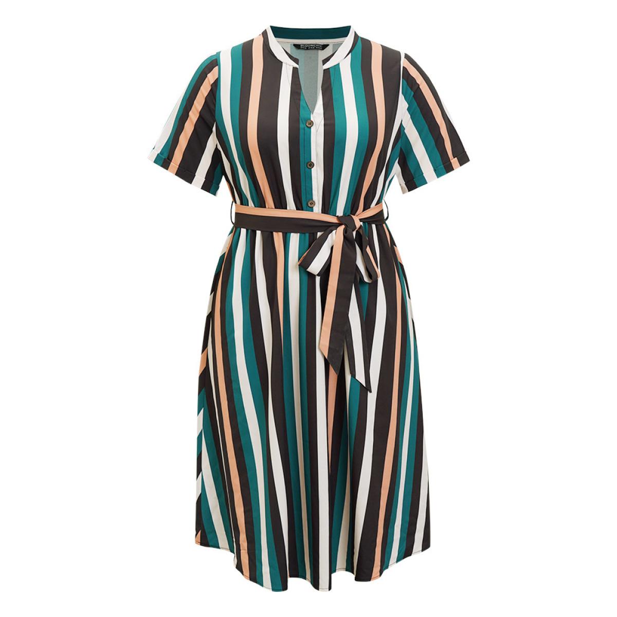 Plus Size Striped Contrast Button Detail Belt Pocket Notched Dress Multicolor Women Office Belted Notched collar Short sleeve Curvy Midi Dress BloomChic 28/5X Product Image