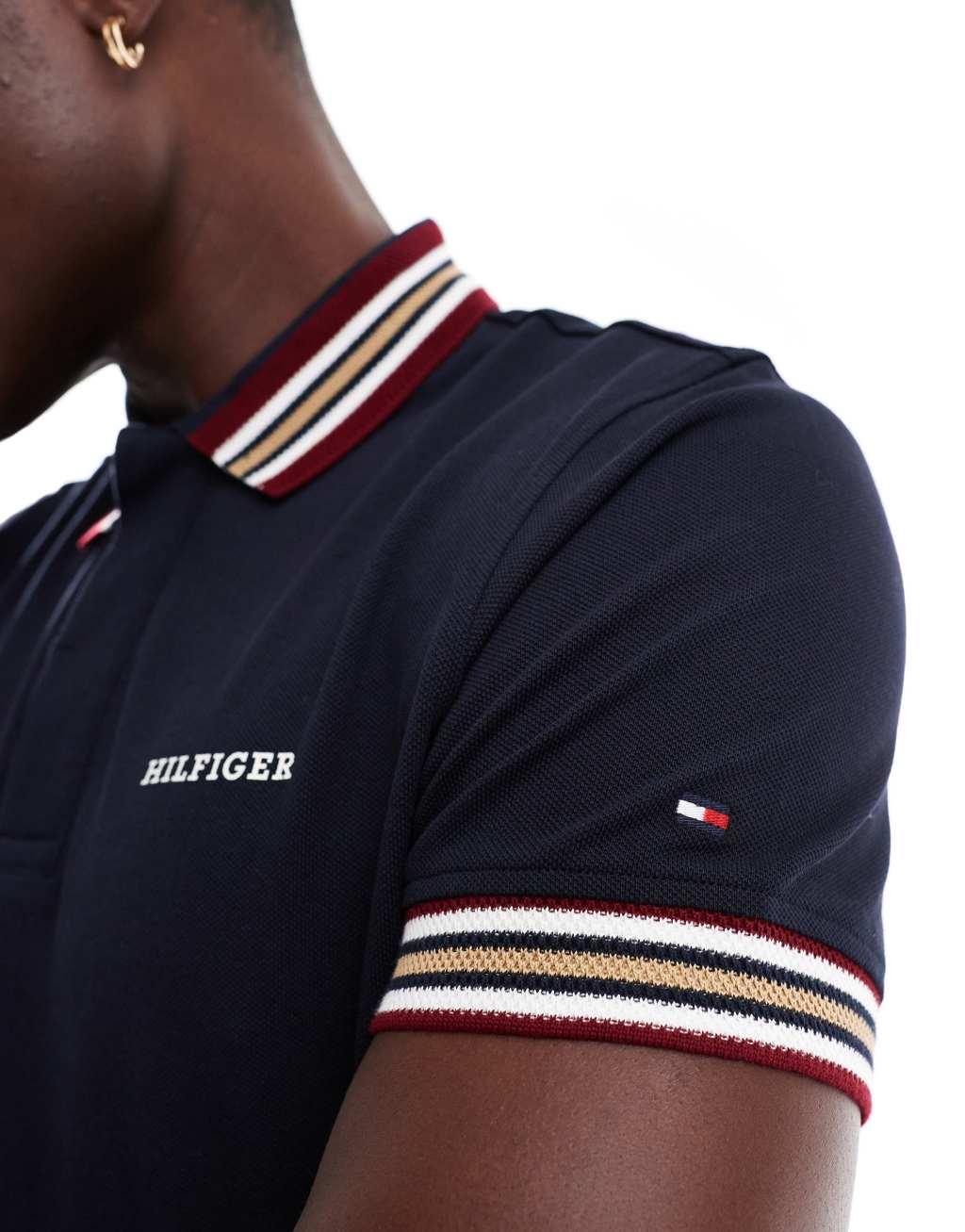 Tommy Hilfiger striped collar polo shirt in navy Product Image