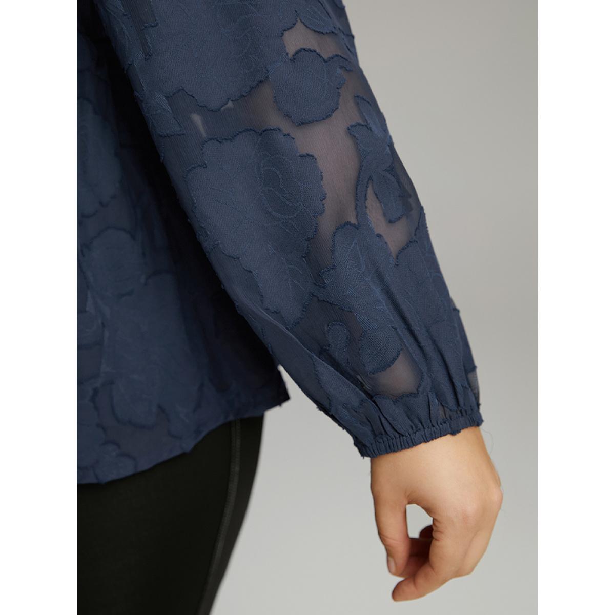 Plus Size Indigo Floral Mesh Elastic Waist Button Detail Blouse Women Glamour Long Sleeve V-neck Going out Blouses BloomChic 26/4X Product Image