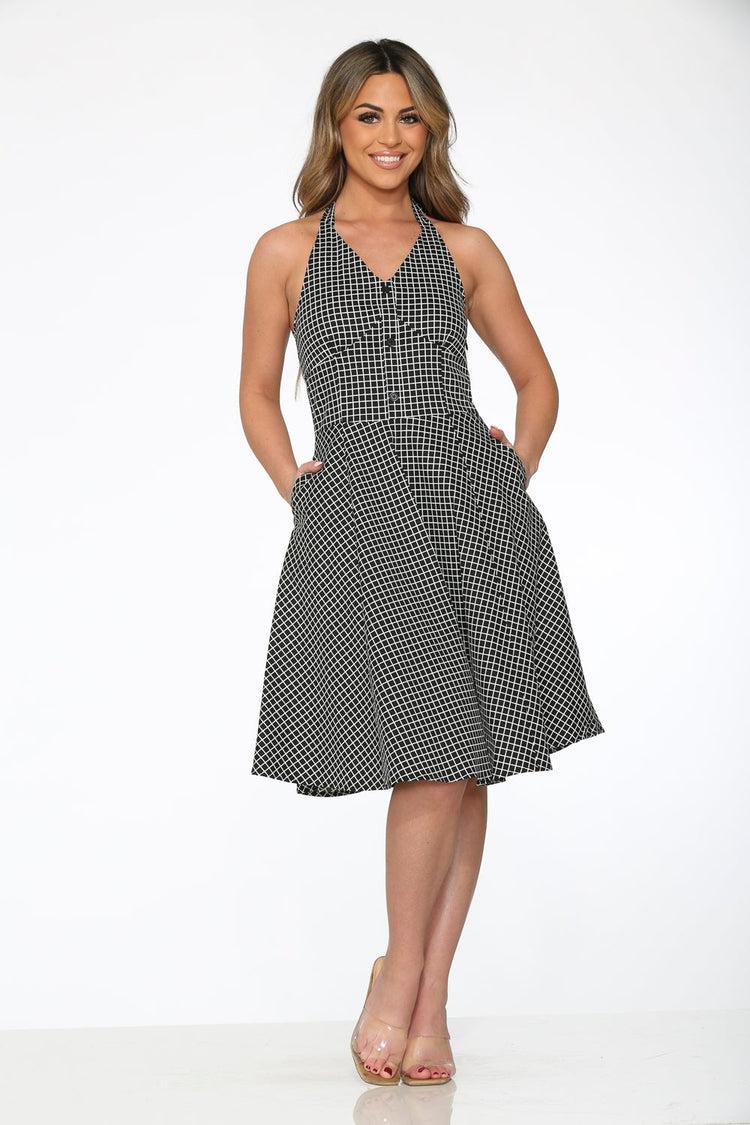 Black White Checkmate Halter Dress Product Image