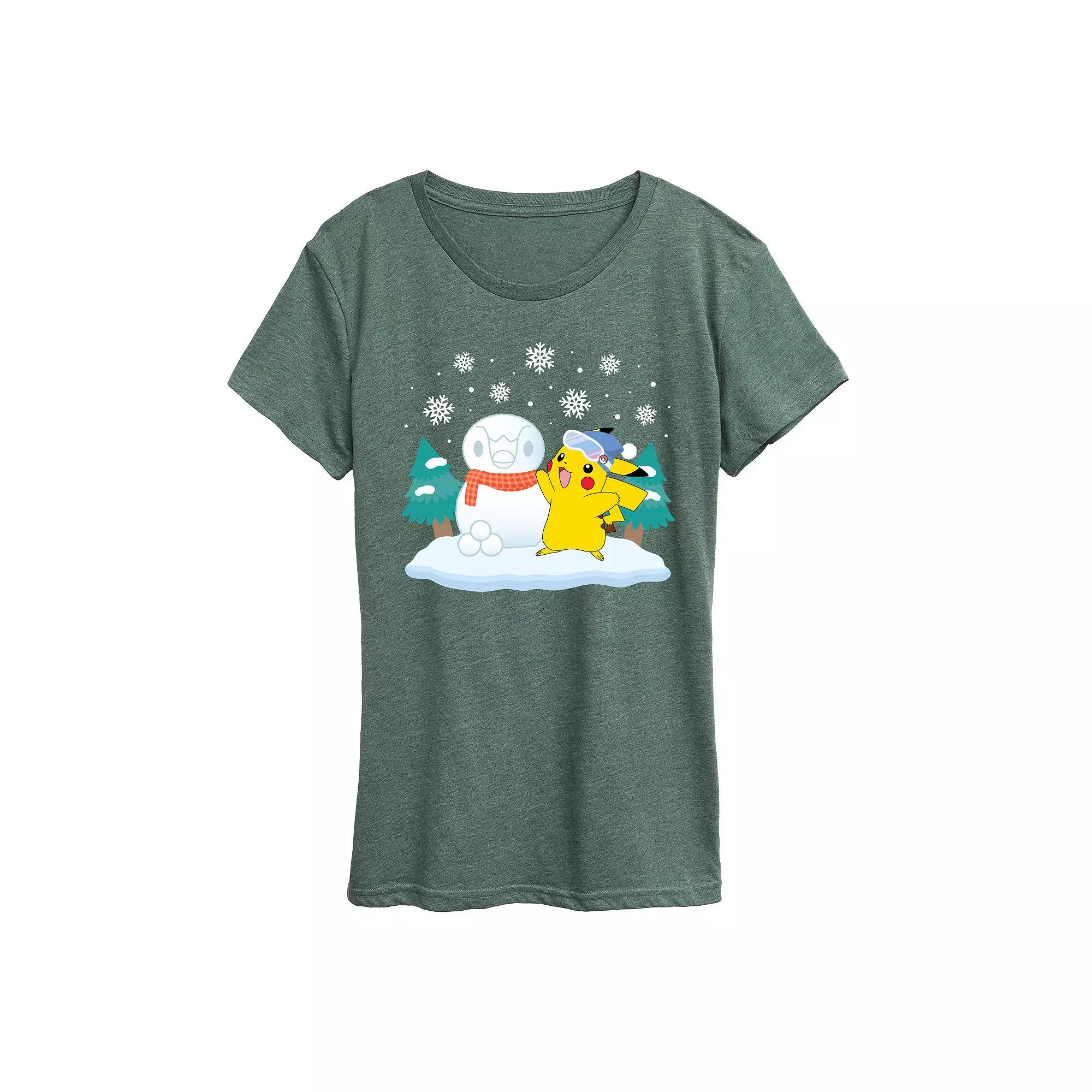 Women's Pokemon Pikachu Piplup Snowman Graphic Tee,  Product Image