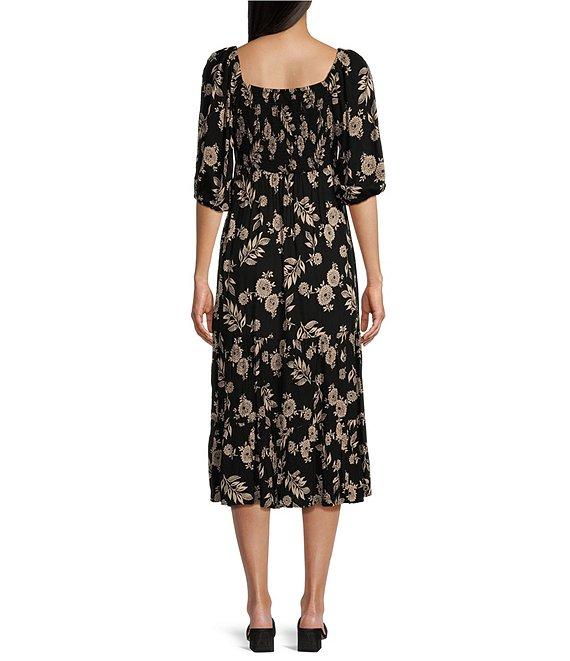 Angie Floral Print Sweetheart Neck 3/4 Sleeve Multi-Floral Smocked Bodice Midi Dress Product Image