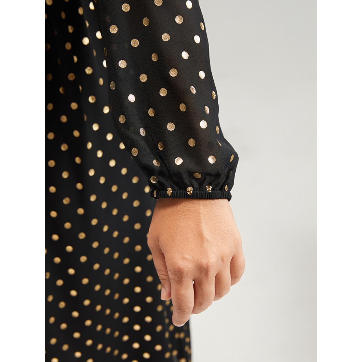 Plus Size Polka Dot Mesh Lantern Sleeve Flutter Round Neck Midi Dress Black Women Party See through Round Neck Long Sleeve Curvy Midi Dress BloomChic 14-16/1X Product Image