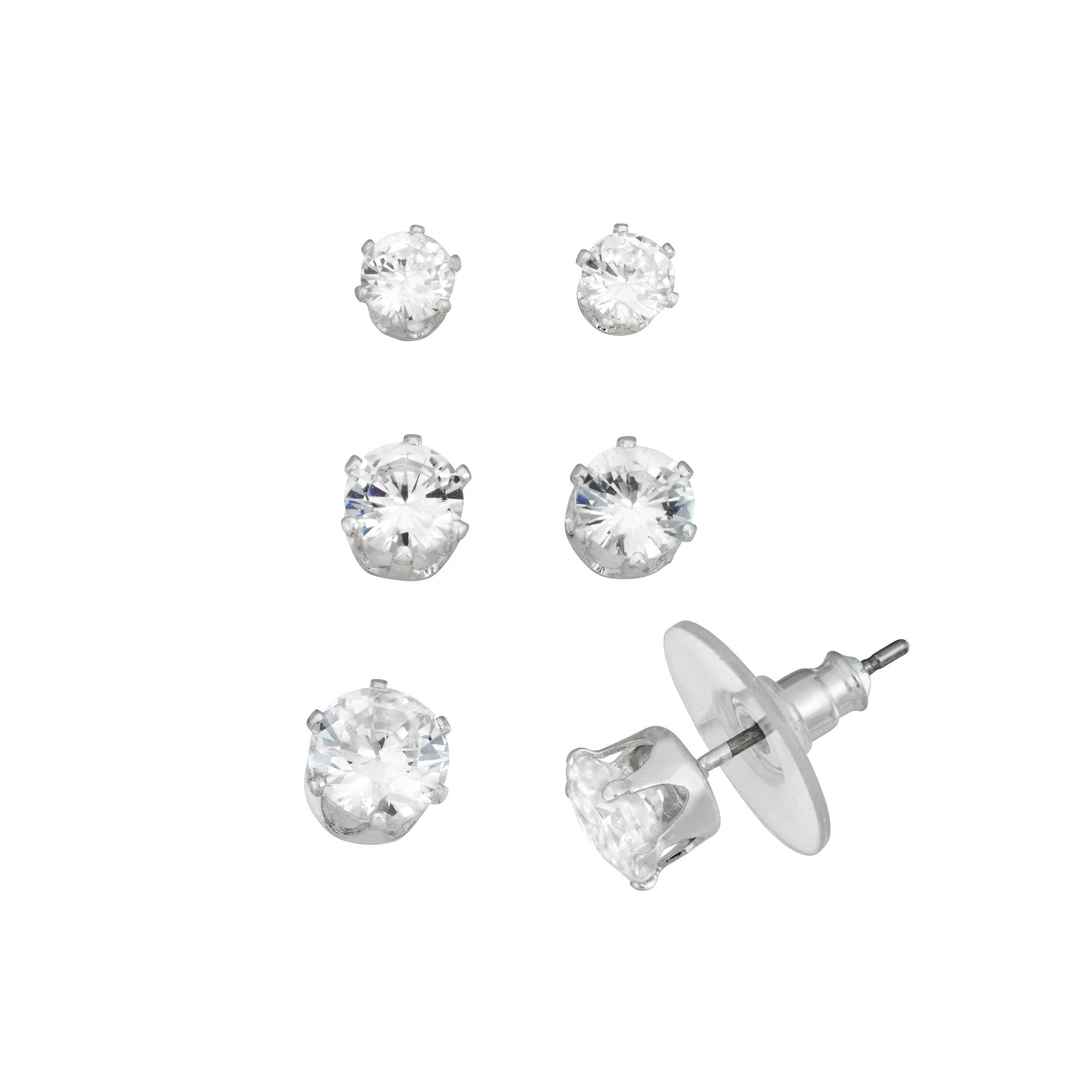 Napier Silver Tone Cubic Zirconia Stud Trio Earrings Set, Women's, Clear Product Image