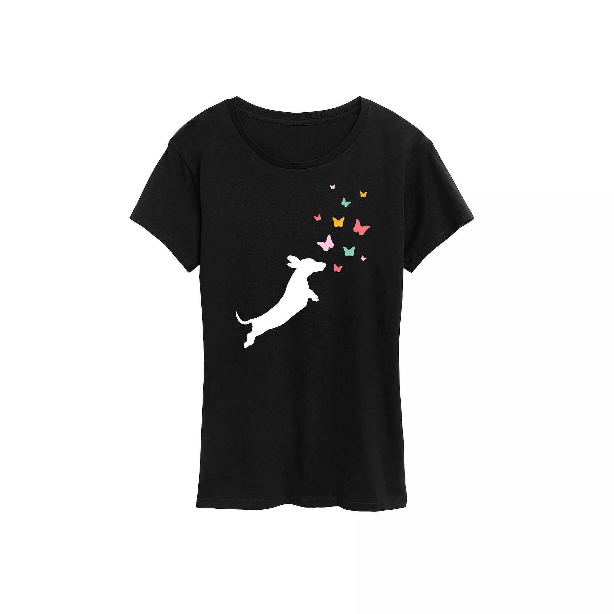Women's Dachshund Chasing Butterflies Graphic Tee,  Product Image