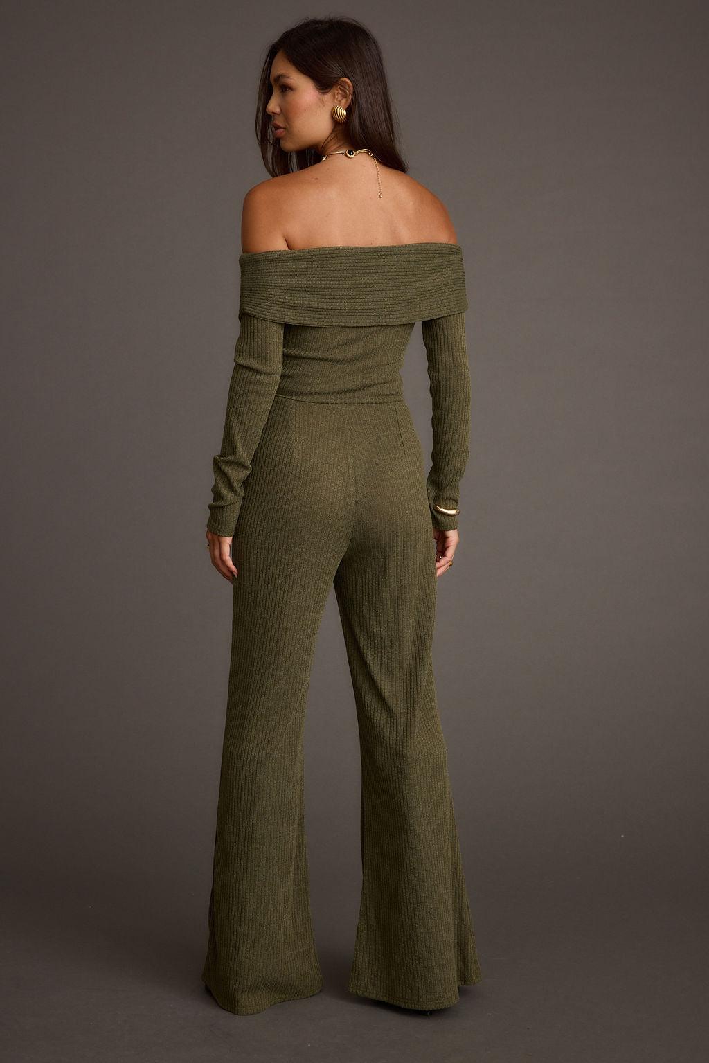 Greenwich Olive Knit Off The Shoulder Jumpsuit Product Image