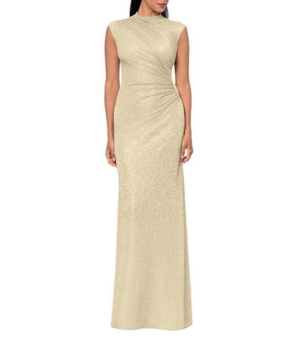 Betsy & Adam Petite Size Mock Neck Ruched Bodice Crinkled Metallic Sleeveless Sheath Gown Product Image