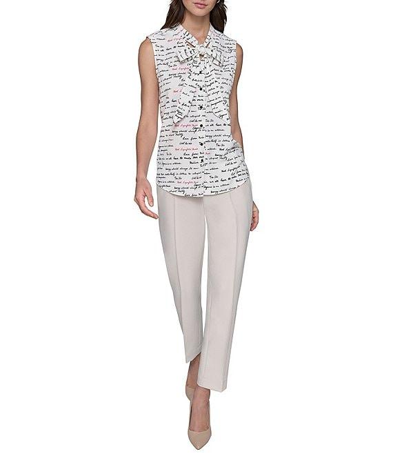 KARL LAGERFELD PARIS Fashion Logo Print Tie Neck Sleeveless Button Front Top Product Image