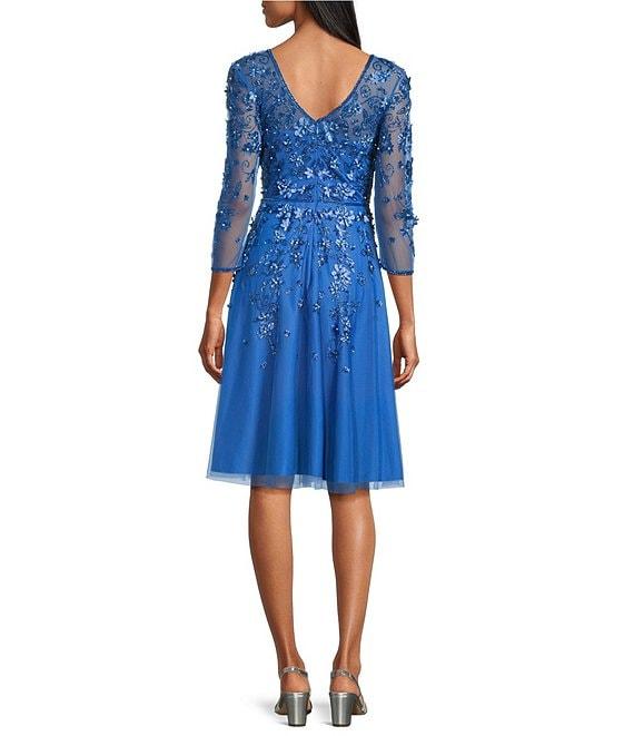 Pisarro Nights Beaded Mesh V-Neck 3/4 Sleeve A-Line Midi Dress Product Image