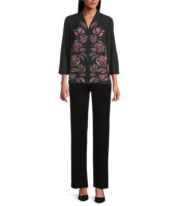 Investments Caroline Signature Placed Floral Stitch Print 3/4 Sleeve Button Front Top Product Image